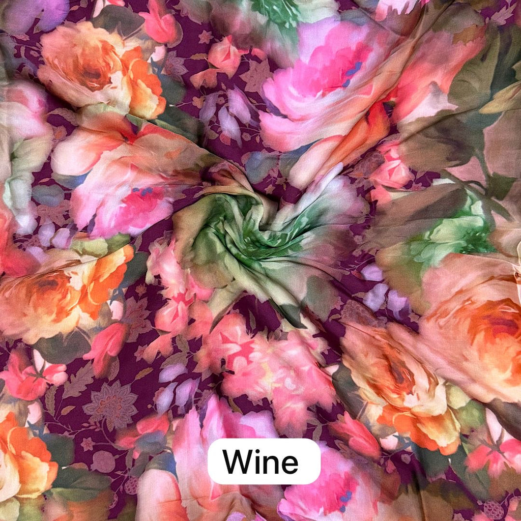 Big Multi Floral Print in Wine Base color on Pure Modal Satin OM SG 239