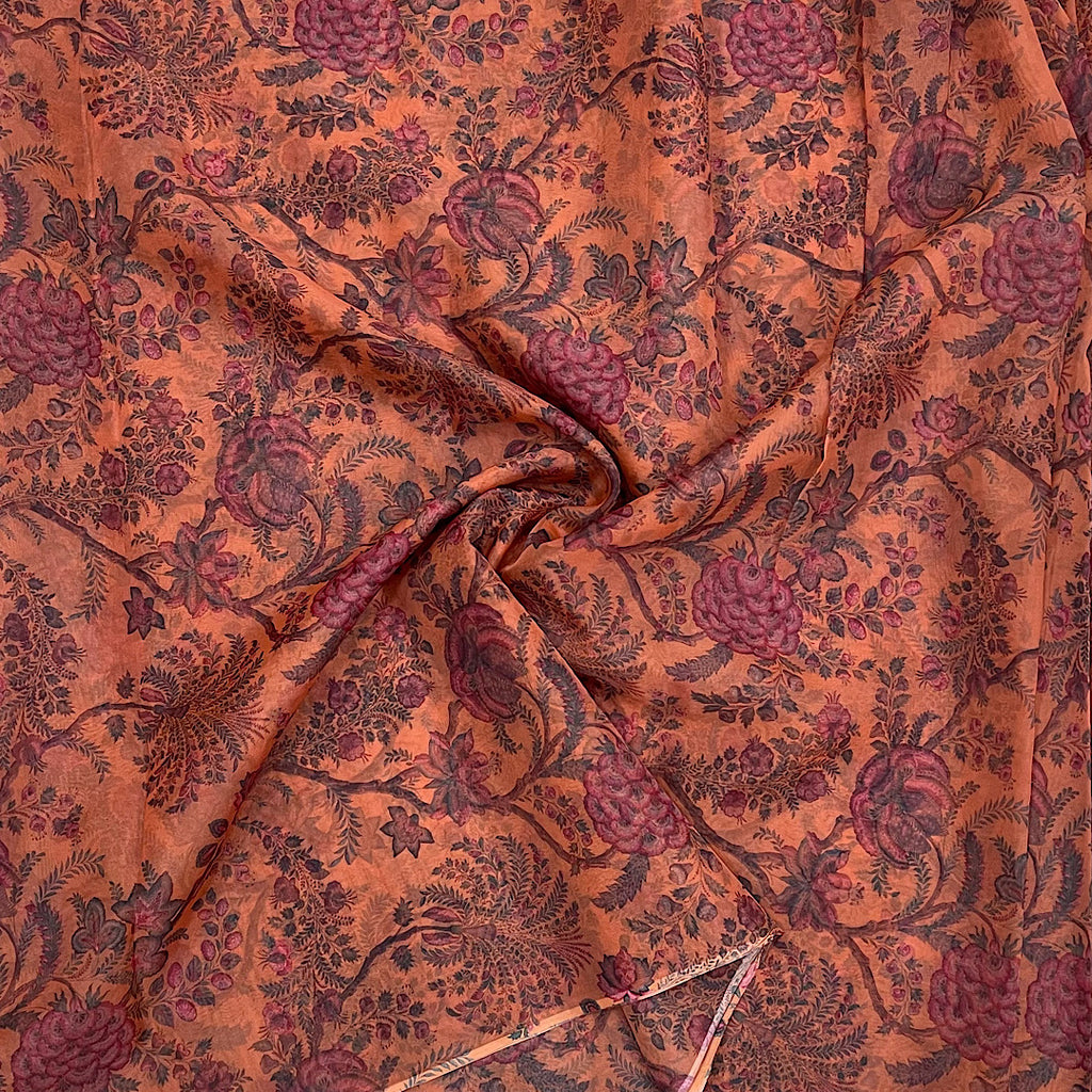 Rusty Color Floral Print on Soft Organza