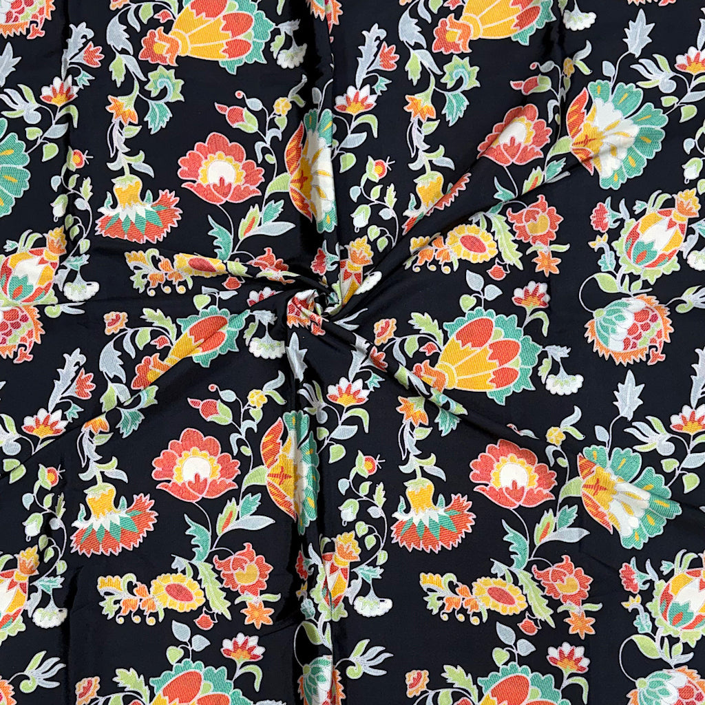 Black Floral Embroidery Print on Crepe Silk Fabric OM DW 84 C1
