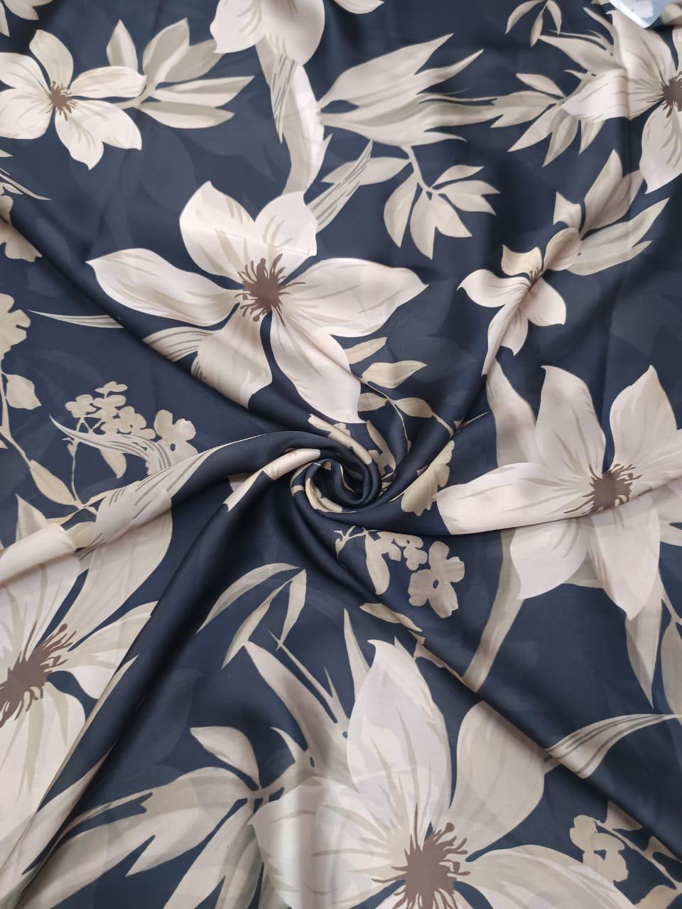 Black Floral Print on Satin Linen PK 1513