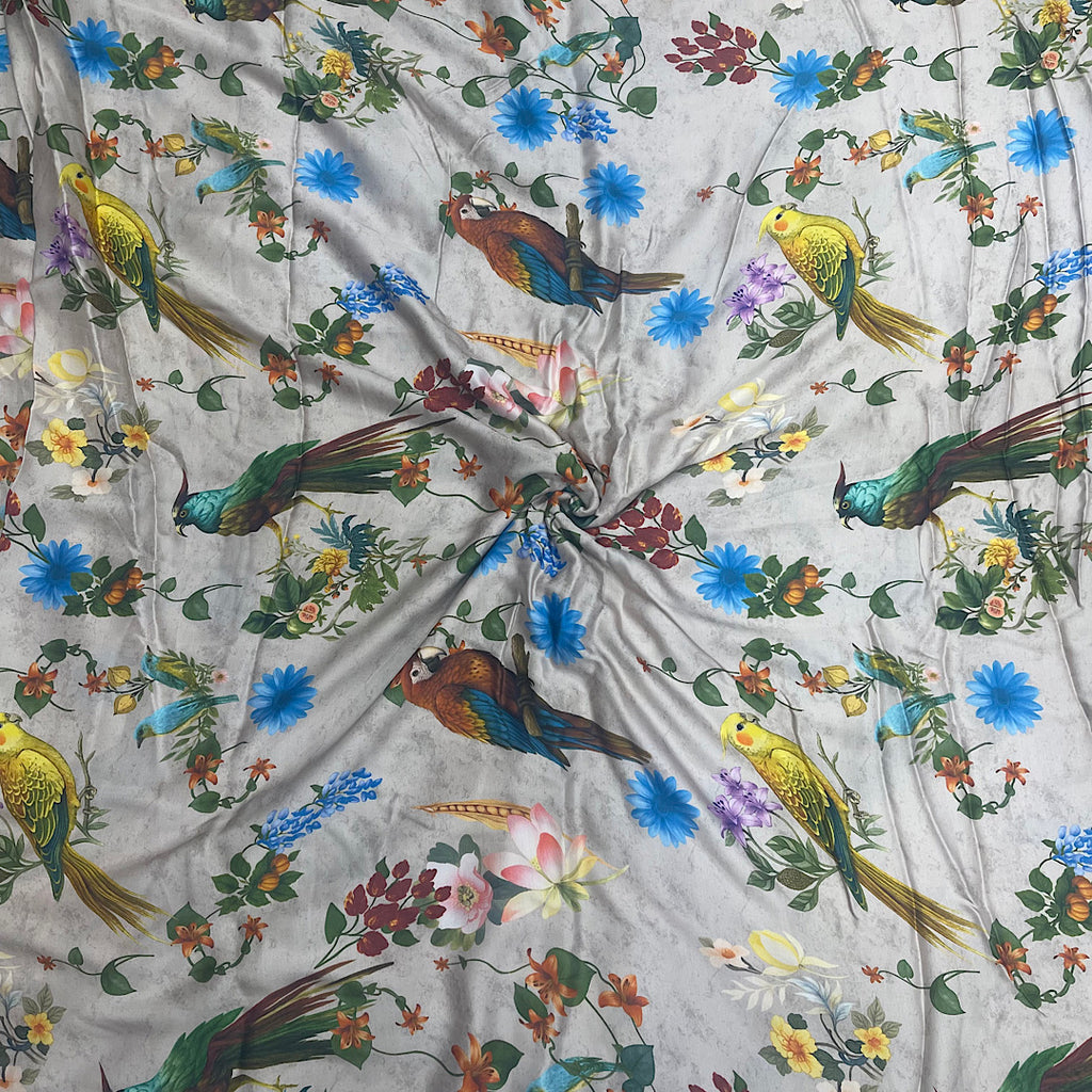 Mira Parrot & Floral Print in Beige Color on Pure Modal Satin Fabric