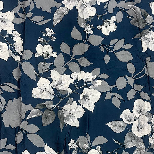 Aza New Floral Print with Blue Base with White Gray & Black Floral on Pure Modal Satin