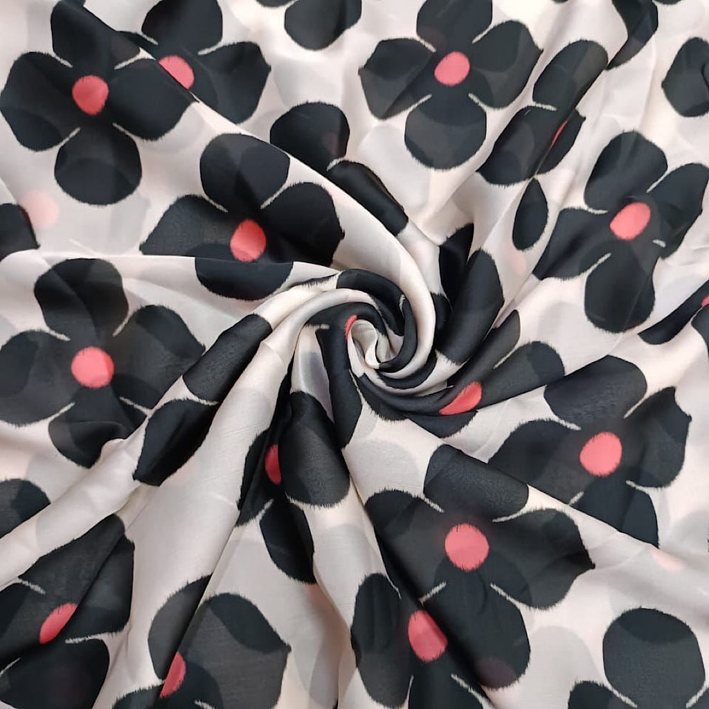 Off White with Black English Floral Print on Satin Linen SS 850
