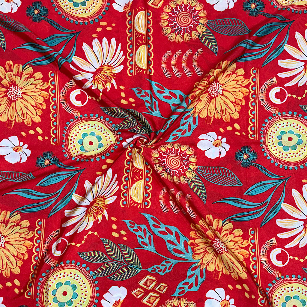 Red English Floral Print on Crepe Silk Fabric OM DW 80