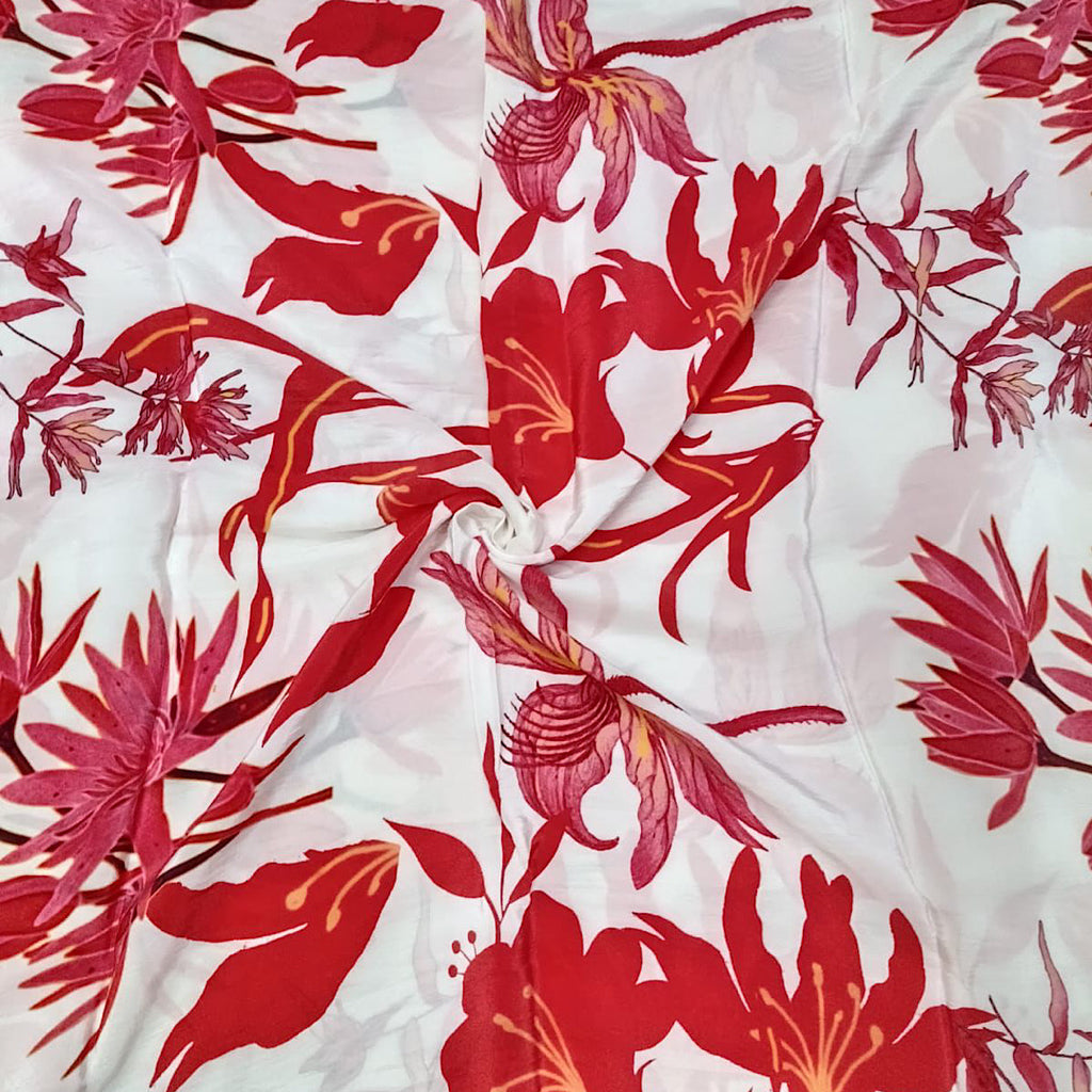 Yam Red Floral Print on White Base on Pure Natural Crepe OM DW 85
