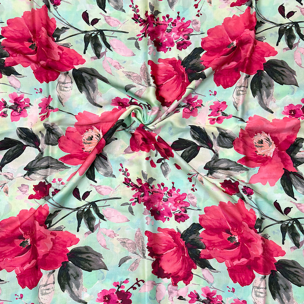 Floral Print on Light Green Base Colour on Pure Modal Satin