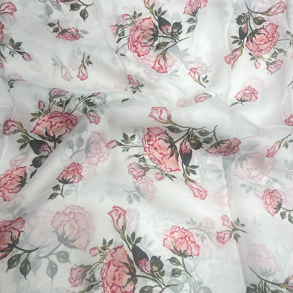Rose Flower Print on White Color Base on Pure Viscose Organza OM SG 186