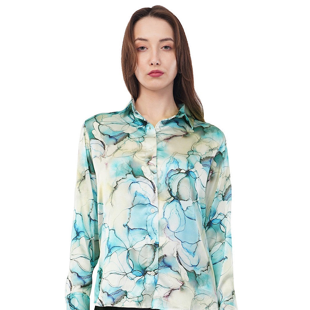 Blue Cloud Print on Satin Georgette OM PS 53
