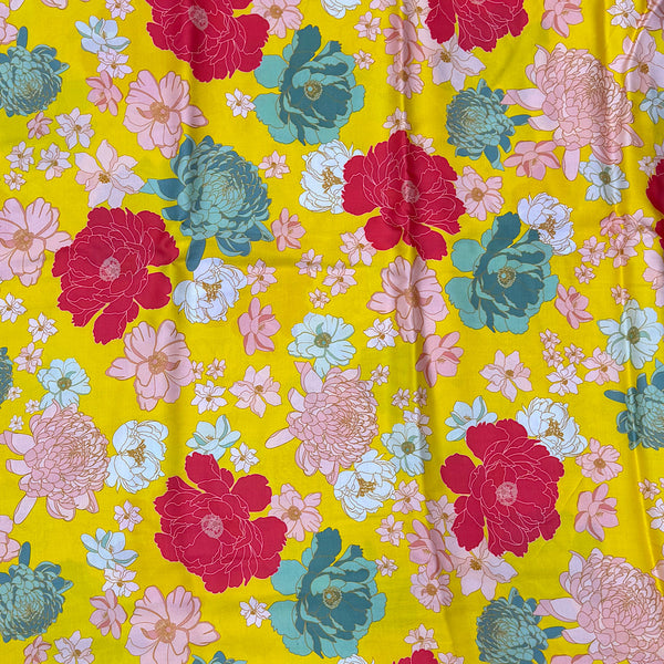 Archana Print with Yellow Base & Floral Print on Satin Georgette OM SS 379