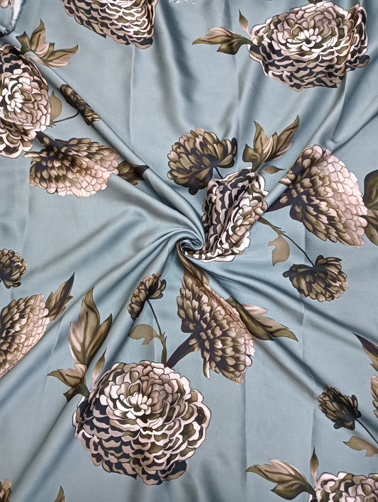 Dusty Blue Big Floral Gazal Cord Print on Pure Modal Satin & Satin Georgette OM SG 134