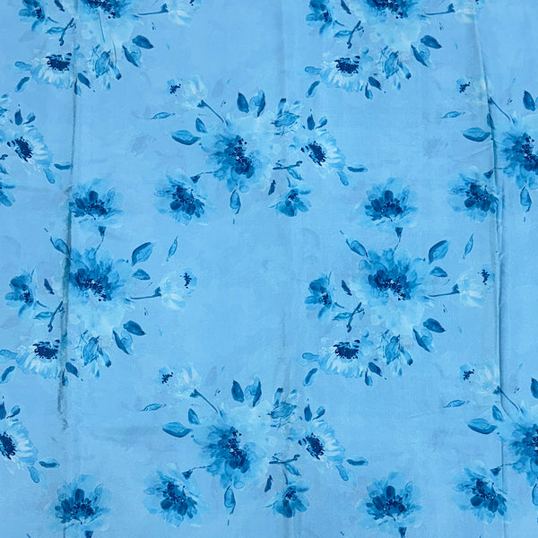 Blue with Blue Floral Print on Crepe Silk Fabric OM DW 79 C1