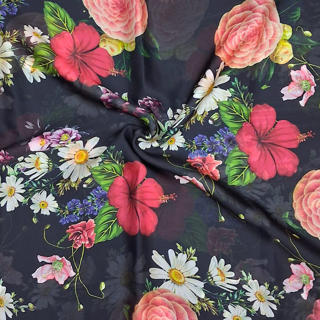 Cord Floral Print in Black on Satin Georgette Fabric OM PK 1388