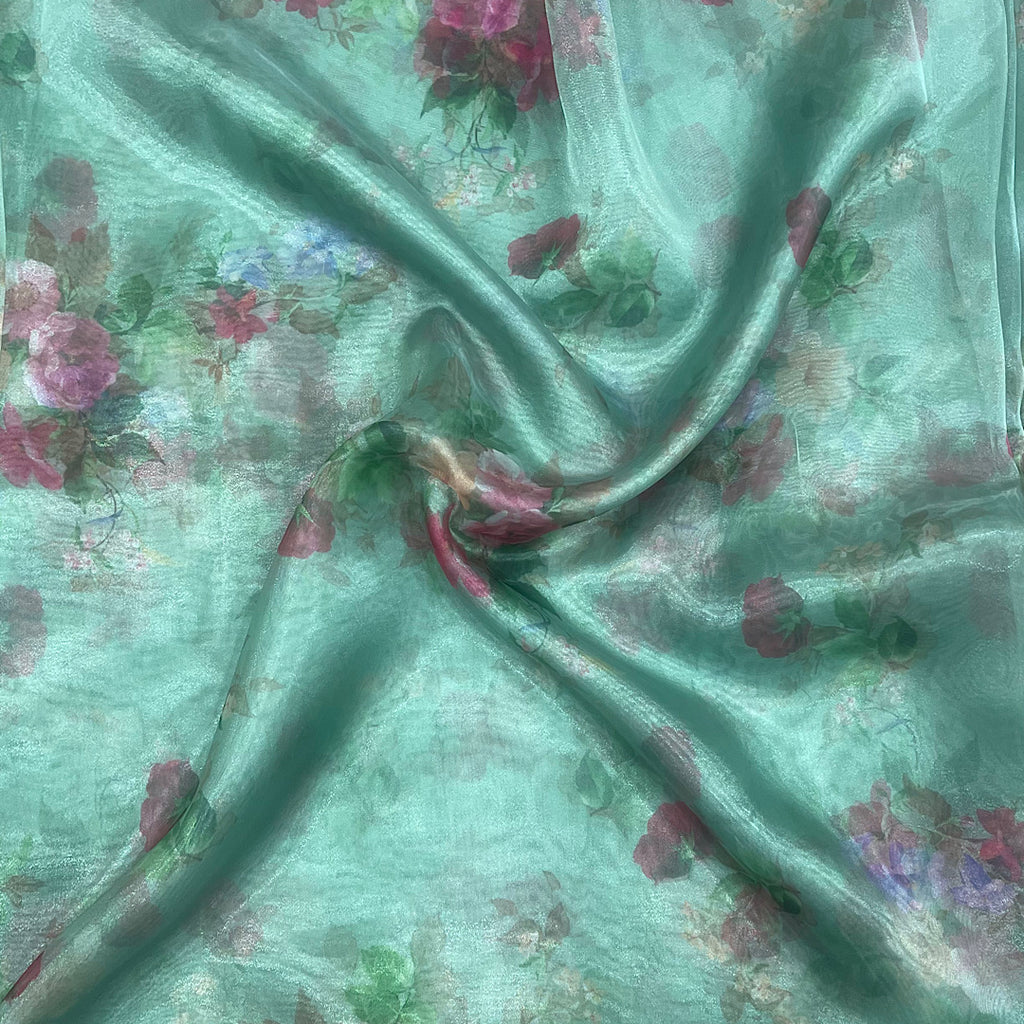Olive Green Floral Print with Rose on Glossy Organza Fabric OM RJ 241 C3
