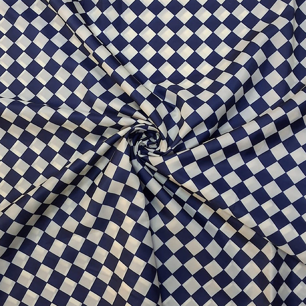Navy Blue & White Diagonal Barfi Checks in Taffeta Fabric OM TK 550