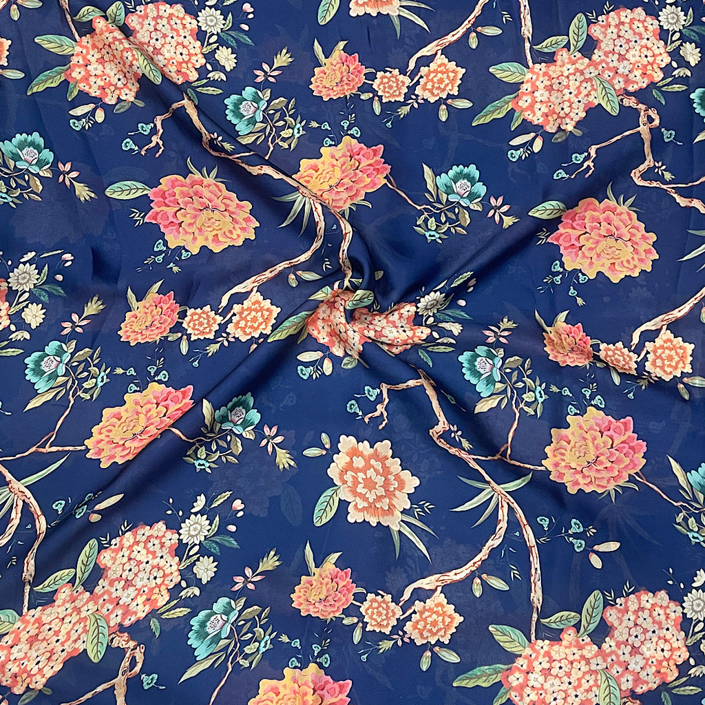 Mahima Blue Floral Bel Print on Satin Georgette Fabric OM SG 89