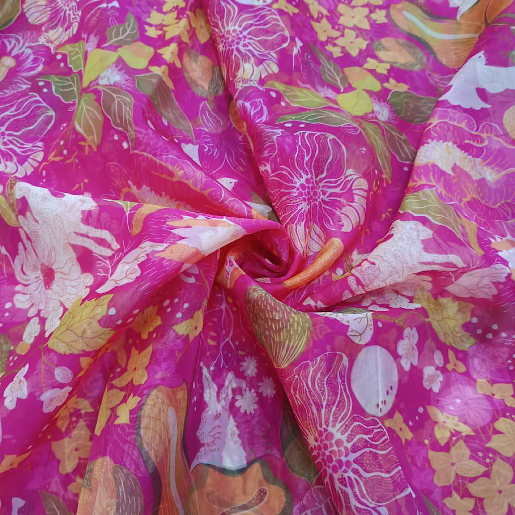 Pink Floral Print for Saree on Soft Organza OM SG 91