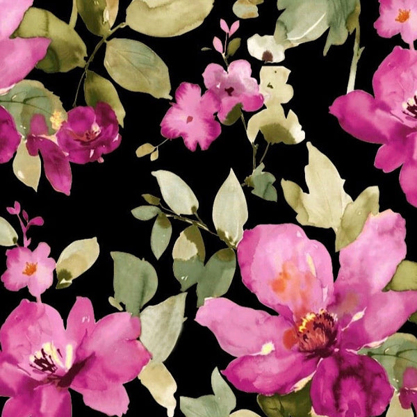 Black with Pink Floral Print on Pure Natural Crepe OM PS 75