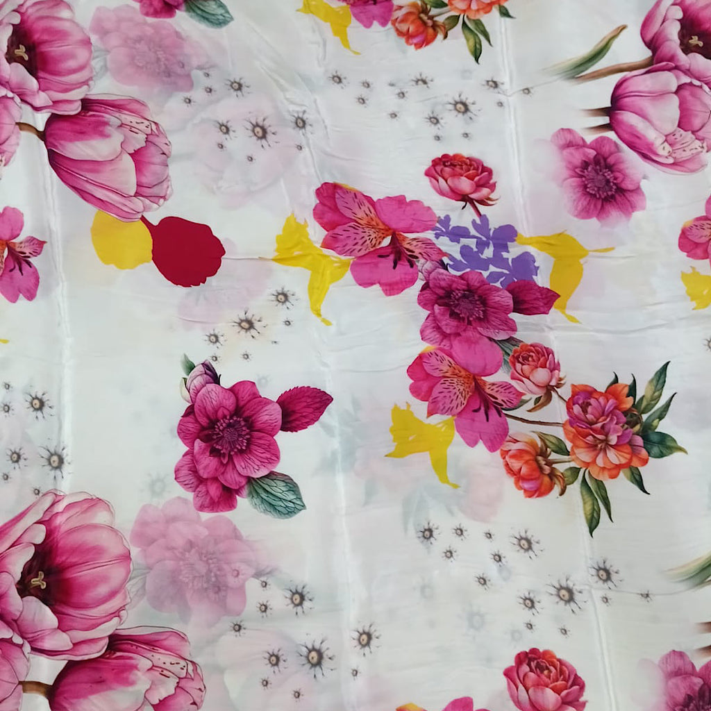 Yam Big Floral Print with Ivory White Base on Pure Natural Crepe OM DW 71