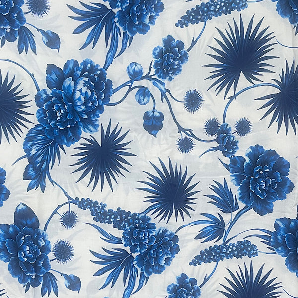 Shivan White with Blue Floral Print on on Pure Modal Satin Fabric OM SG 232