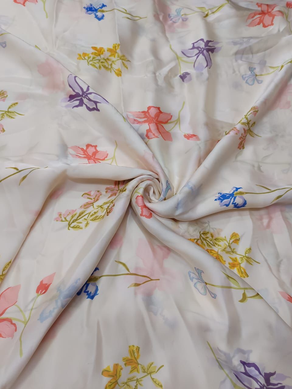 Cream White English Floral Print on Satin Georgette TK 347