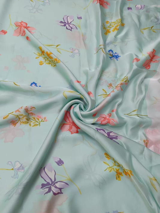 Sea Green English Floral Print on Satin Georgette TK 347