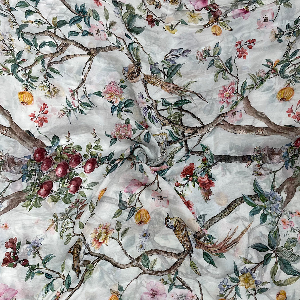 Bird on the Branch Print with Ivory White Base on Pure Viscose Organza
