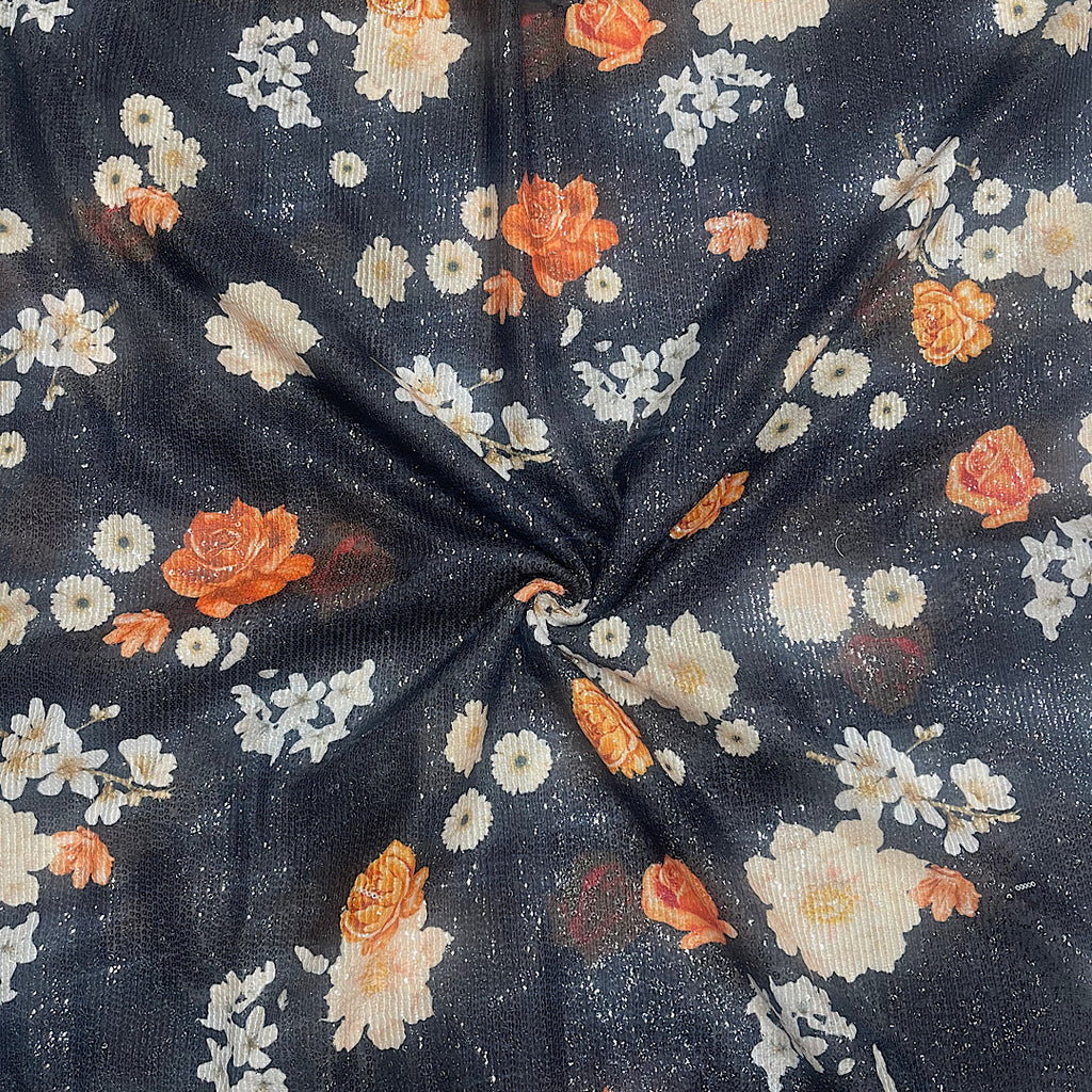 Black Floral Rana Print on Sequence Georgette Fabric