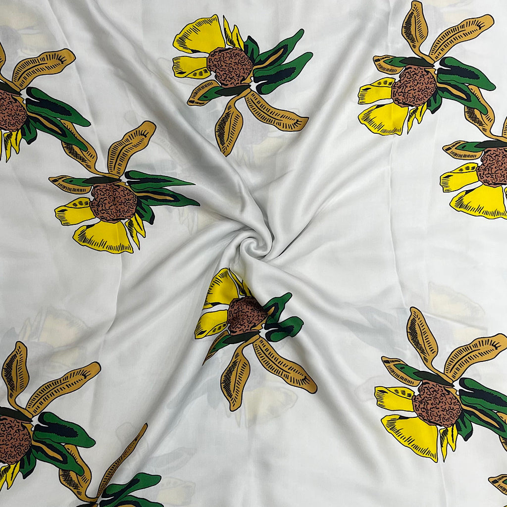 Sabya Print with Ivory Base & Yellow Floral Design on Pure Modal Satin