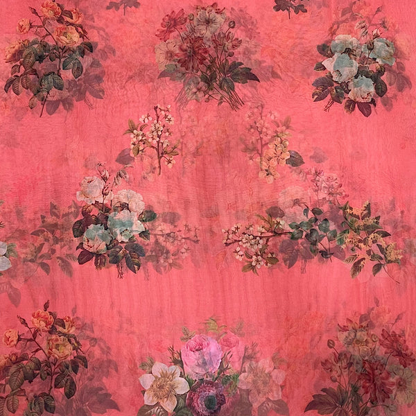 Peach Color Big Floral Print on Soft Organza