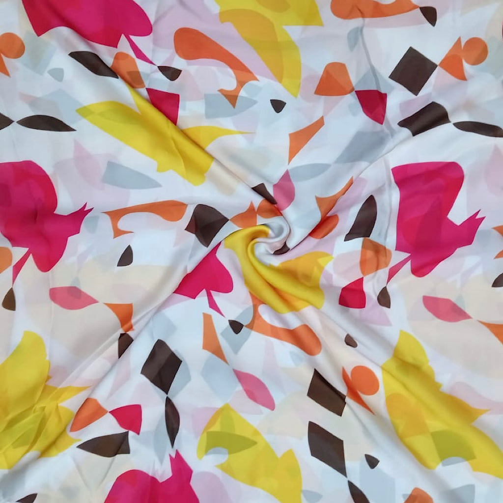 Kriti Abstract Print in White Base with Yellow & Red Motives on Satin Georgette Fabric