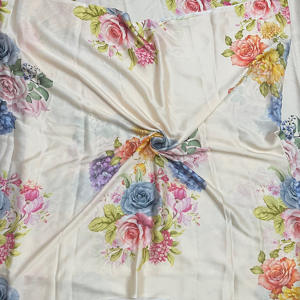 Gazal Big Floral Bunch Print in Beige Color on Pure Modal Satin Fabric OM SG 222