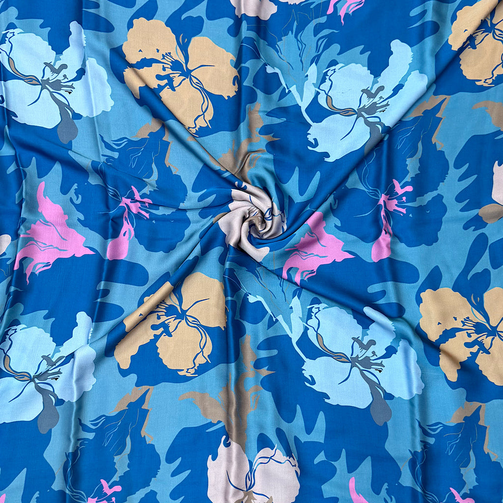 Blue English Floral Print on Pure Natural Crepe TK 354