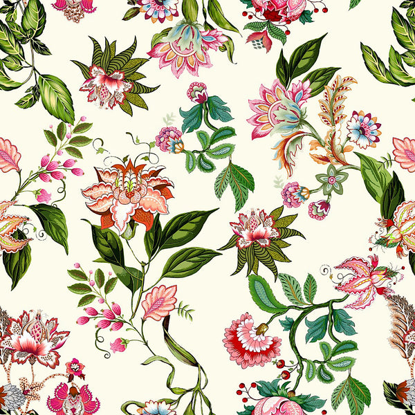 Mahima Floral Print on Ivory White Base with Pink & Green Flowers & Leaves on Georgette Fabric