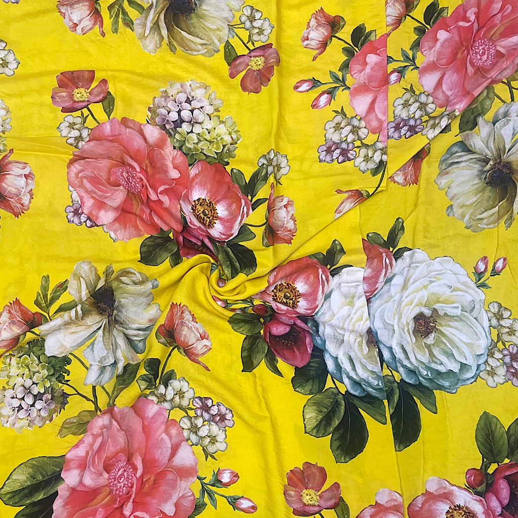 Sabya Big Floral Print in Yellow Base with Multi Floral Print on Pure Viscose Muslin & Satin Georgette OM SS 401