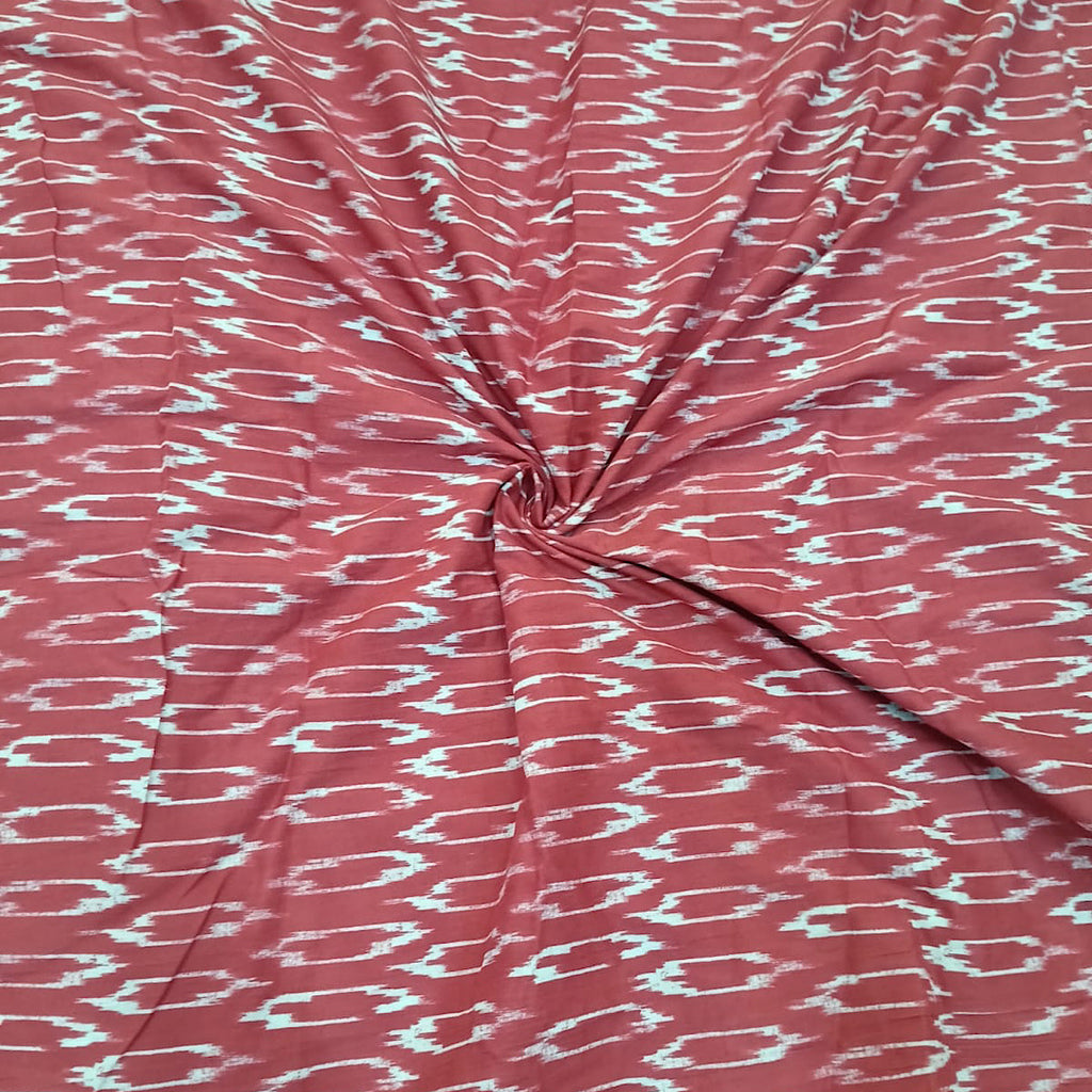 Maroon Red with White Ikat Print on Pure Cotton Cambric Fabric