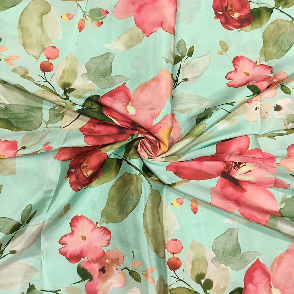 Sea Green with Red Floral Print on Pure Natural Crepe OM PS 75