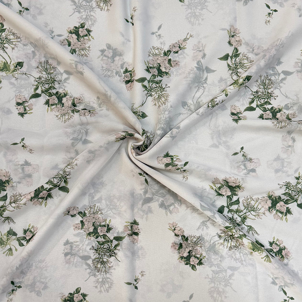 Green & White Floral Bunch on Ivory White Base on Georgette Fabric RY 43