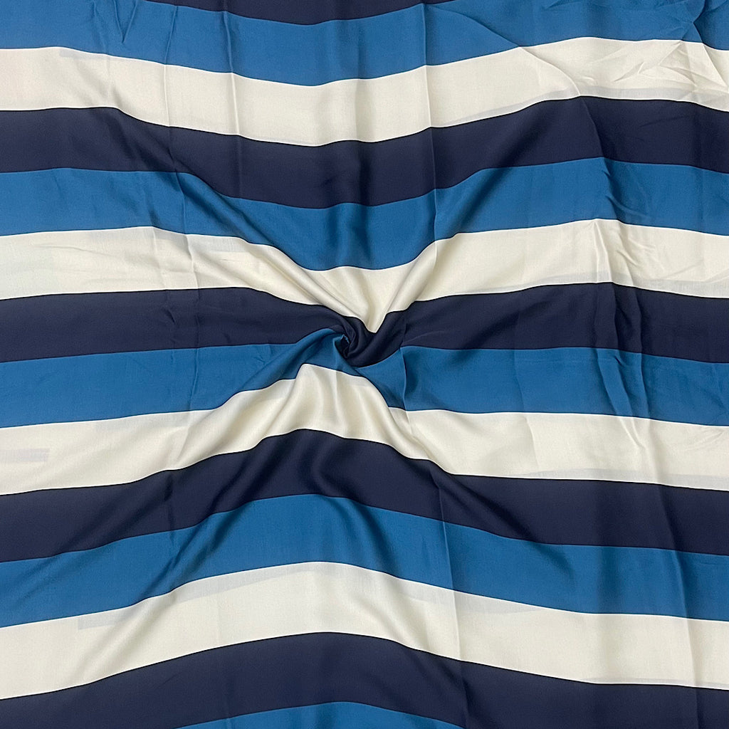 Roshni Thick Stripes Print in Blue, Black & Ivory color on Pure Modal Satin