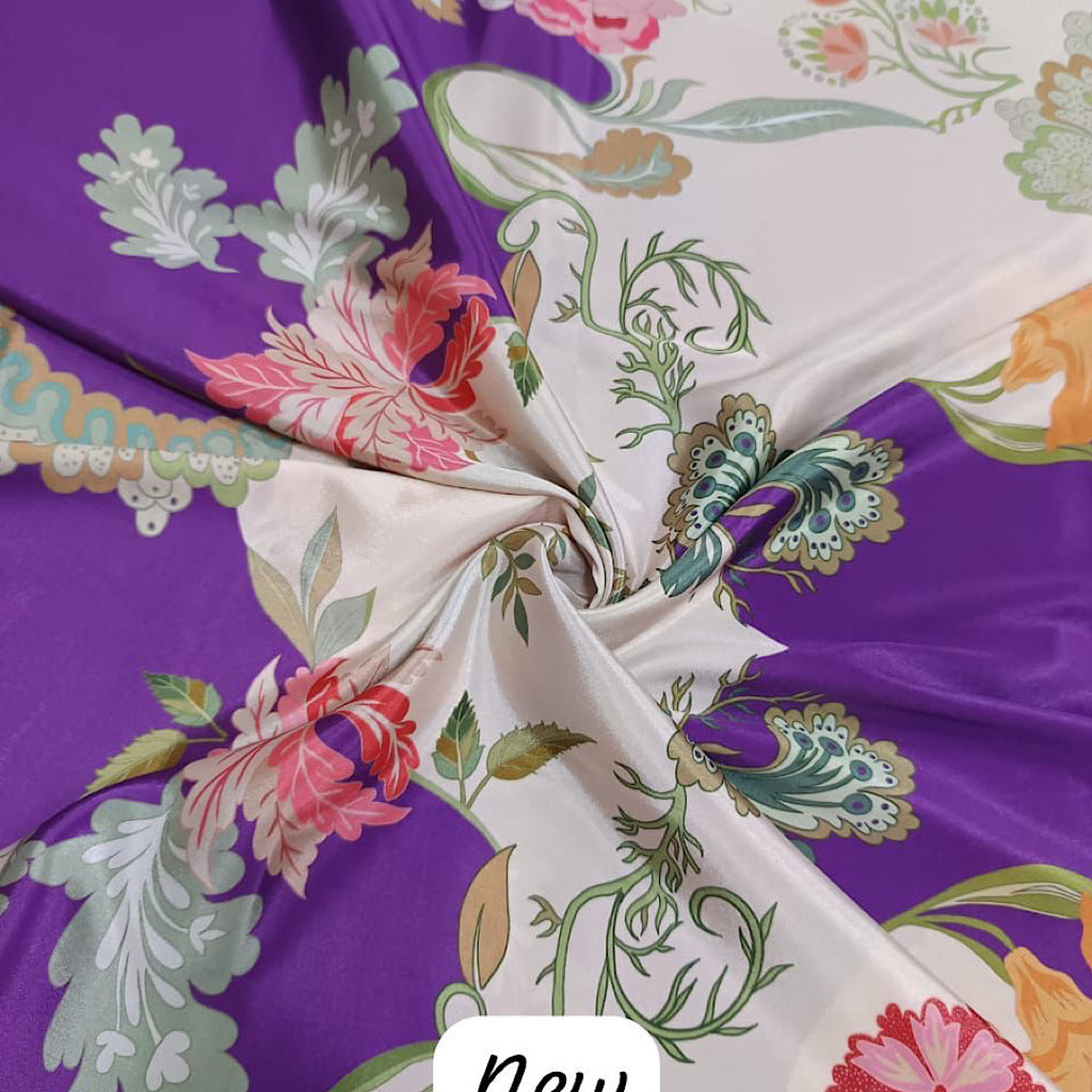 Purple & Cream Abstract Floral Print on Pure Natural Crepe OM SG 64