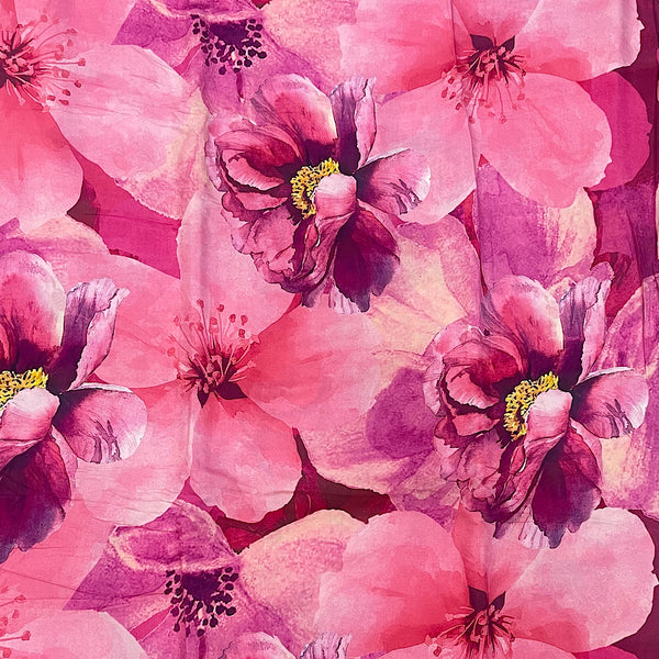 Yam Big Floral Print in Bright Pink Colour on Pure Viscose Muslin Fabric