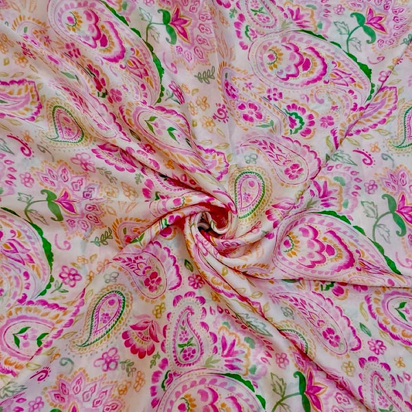 Cream & Pink Paisley Floral Print on Satin Georgette OM RS