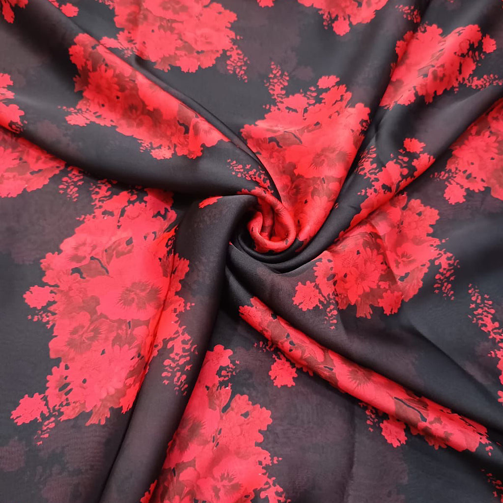 Black with Red Floral Print on Satin Georgette PK 253