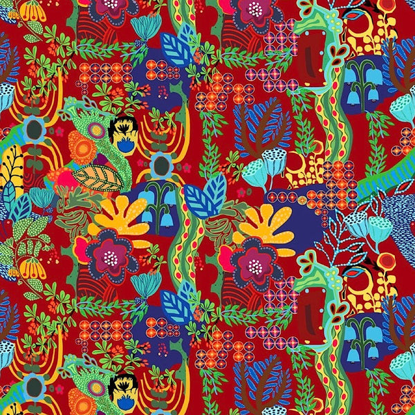 Red Multi Coloured Floral Print on Pure Modal Satin TK 399