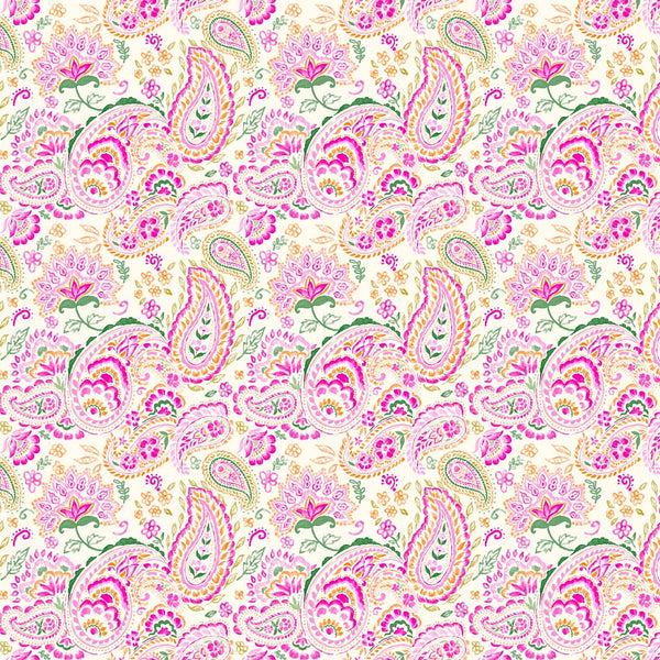 Cream & Pink Paisley Floral Print on Satin Georgette OM RS