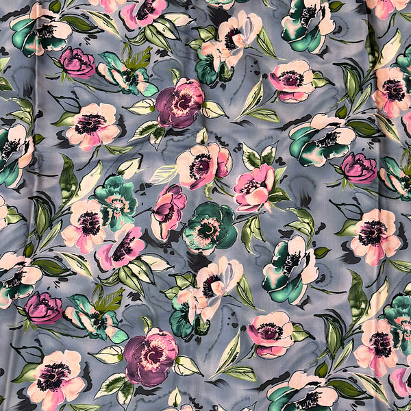 Grey Hand Paint Floral Print on Pure Modal Satin