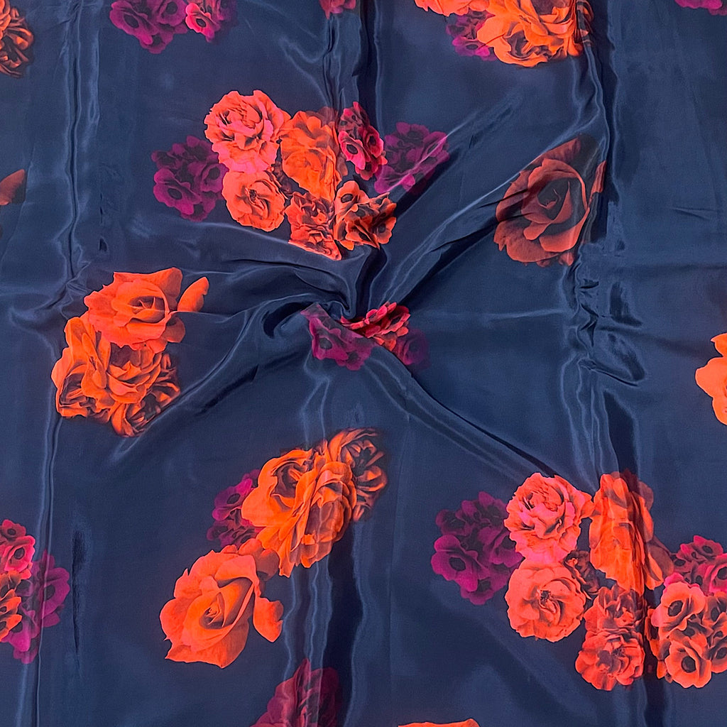 Gazal Red Floral Bunch Print on Dark Blue Base color Pure Natural Crepe