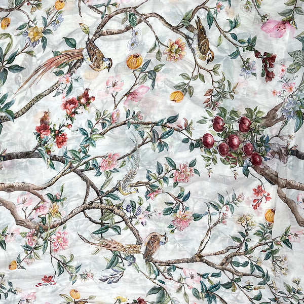 Bird on the Branch Print with Ivory White Base on Pure Viscose Organza