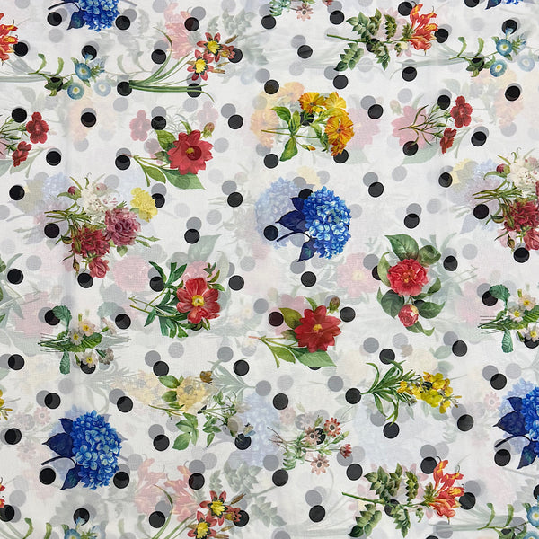 Kangana Floral Plus Polka Dot Fusion Print With White Base, Black Dots & Multi Color Flower on Georgette OM PS 396