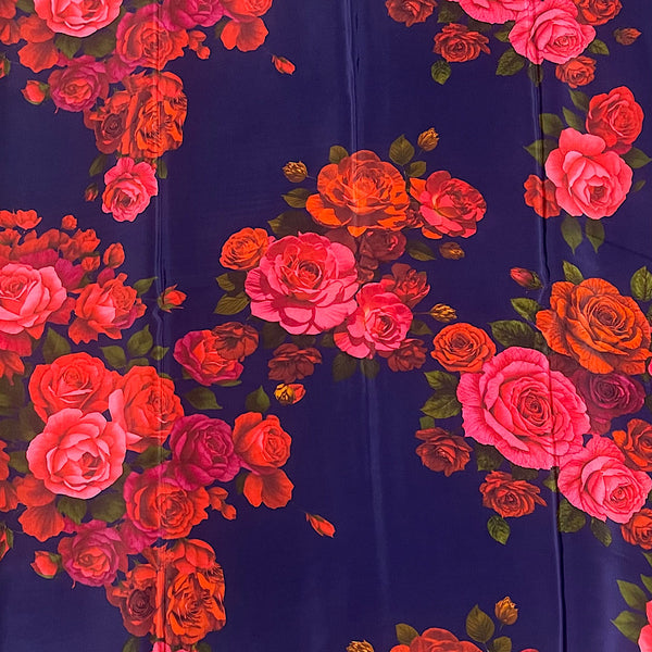 Floral Print with Dark Purple Base Color on Pure Natural Crepe