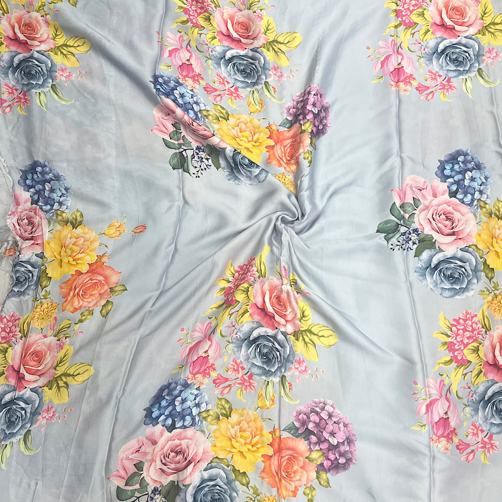 Gazal Big Floral Bunch Print in Light Dusty Blue Color on Pure Modal Satin Fabric